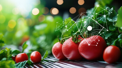 Fototapete - Fresh tomatoes with digital tracking elements in vibrant garden