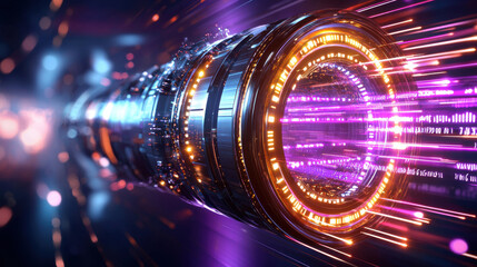 Poster - Futuristic rendering of solid state technology with vibrant lights and dynamic motion. This showcases advanced components and sleek design, evoking sense of innovation and speed