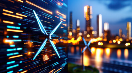 Leinwandbilder - Futuristic wind farm with illuminated turbines and city skyline at night, showcasing renewable energy and technology. vibrant lights create dynamic atmosphere