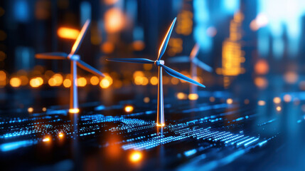 Leinwandbilder - Futuristic wind farm with illuminated turbines in cityscape, showcasing renewable energy technology and innovation. scene reflects blend of nature and urban development