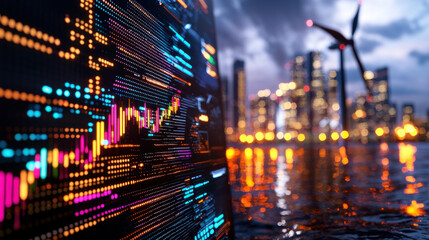 Aufkleber - vibrant digital stock market graph with colorful data points, set against futuristic city skyline and wind turbines in background, evokes sense of innovation and progress