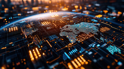 Poster - futuristic representation of global finance with digital map, glowing data points, and interconnected networks. This evokes sense of innovation and technology