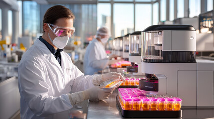 Poster - scientist in lab coat and protective gear works with automated biotech equipment in modern laboratory. scene showcases advanced technology and vibrant lab materials
