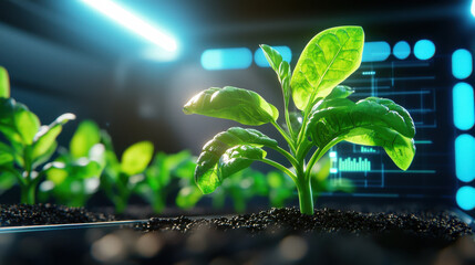 Poster - futuristic scene of bioengineered crops growing under artificial light, showcasing vibrant green leaves and advanced technology in background