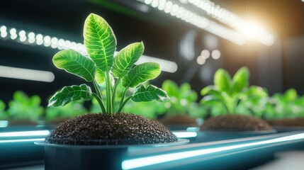 Leinwandbilder - Futuristic bioengineered crops growing in high tech environment, showcasing vibrant green leaves and rich soil. This scene highlights innovation in agriculture and sustainability