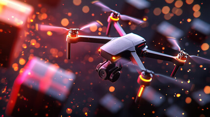 Aufkleber - futuristic drone delivering packages amidst glowing lights and floating gifts creates vibrant scene of innovation and technology