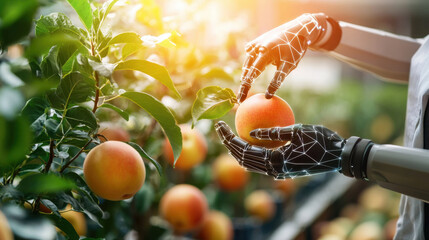 Aufkleber - futuristic scene of robotic hands carefully picking ripe apples from tree, showcasing advanced technology in agriculture. vibrant colors and sunlight create hopeful atmosphere
