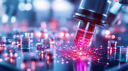 Fototapete - Futuristic scene of vaccine nanoparticles being analyzed under microscope, showcasing vibrant colors and intricate details. atmosphere conveys innovation and advanced technology