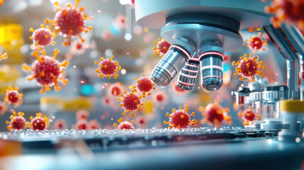 Aufkleber - Futuristic scene of vaccine nanoparticles being analyzed under microscope, showcasing vibrant virus particles in laboratory setting. atmosphere conveys innovation and scientific discovery