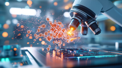 Fototapete - Futuristic scene of microscope analyzing vaccine nanoparticles, showcasing vibrant colors and intricate details. image evokes sense of scientific discovery and innovation