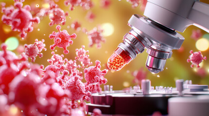 Fototapete - Microscope analyzing vaccine nanoparticles in vibrant, colorful scene. image captures intricate details of particles, showcasing scientific exploration and innovation