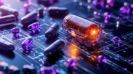 Fototapete - futuristic scene featuring glowing capsule on circuit board, surrounded by various pills and capsules, symbolizing advanced technology and health innovation