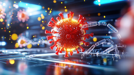 Aufkleber - detailed illustration of virus with glowing structure, showcasing its intricate design and surrounding particles in futuristic environment
