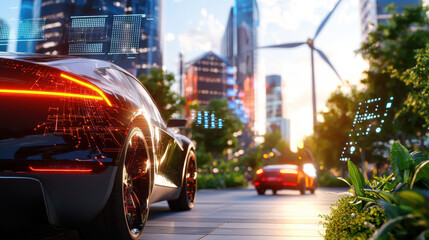 Leinwandbilder - Futuristic smart city with electric cars, renewable energy, and greenery. scene showcases advanced technology and sustainable living in urban environment