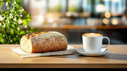 Poster - Freshly baked sourdough bread beside cup of coffee on wooden table, creating warm and inviting atmosphere perfect for breakfast or brunch