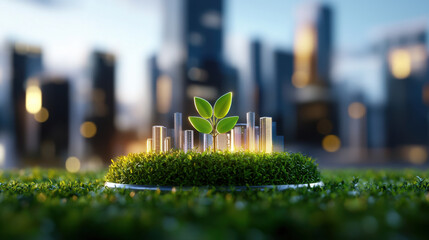 Poster - vibrant eco city model with green plants, showcasing sustainable architecture and urban development. scene reflects harmony between nature and modern living