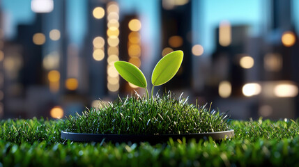 Poster - vibrant green plant sprouting from lush grass symbolizes growth and sustainability in urban environment. blurred city skyline in background adds modern touch