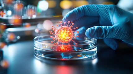 Poster - close up of petri dish with glowing virus model, showcasing scientific research and innovation in microbiology. image conveys sense of discovery and exploration in lab