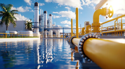 Aufkleber - vibrant industrial scene featuring advanced gas processing facilities, reflecting in calm water under clear sky. image captures essence of modern energy production