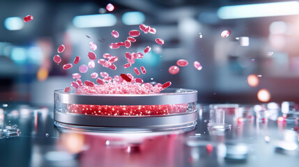 Poster - high resolution close up of petri dish filled with red capsules, showcasing dynamic scene with capsules floating above, creating vibrant and scientific atmosphere