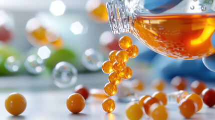 Aufkleber - Close up of scientist pouring orange liquid from bottle, creating bubbles and colorful spheres. vibrant colors and dynamic motion evoke sense of experimentation and discovery