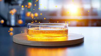 Aufkleber - high resolution close up of petri dish containing glowing liquid, surrounded by floating particles, showcasing vibrant orange color and scientific atmosphere
