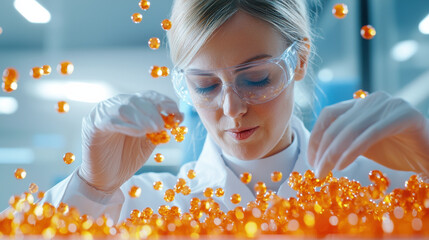 Aufkleber - Scientist analyzing orange beads in laboratory, wearing protective gear and focused on her work. environment is bright and modern, showcasing scientific setting