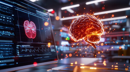 Leinwandbilder - high resolution depiction of virtual reality system showcasing glowing brain model alongside digital data analysis on computer screen, illustrating advanced technology and neuroscience