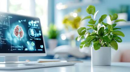 Aufkleber - modern workspace featuring computer displaying brain activity data alongside vibrant green plant, creating harmonious blend of technology and nature