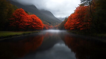 Wall Mural - Serene autumn landscape with vibrant red trees reflecting in a calm river under a misty sky