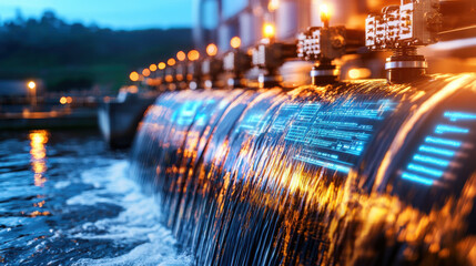 Aufkleber - High resolution digital illustration of hydroelectric power station with flowing water and illuminated control panels, showcasing technology and energy production