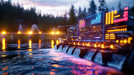 Aufkleber - high resolution digital illustration of hydroelectric power station at sunset, showcasing water flow and data visualization on screens. scene evokes sense of innovation and sustainability