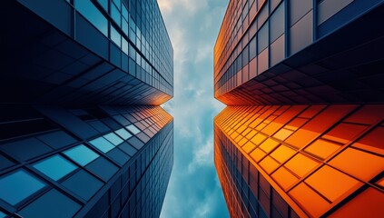 Wall Mural - Stunning Architectural Perspective of Glass Towers Reaching Towards the Sky with a Beautiful Contrast of Blue and Orange Reflections Under a Dramatic Cloudy Sky