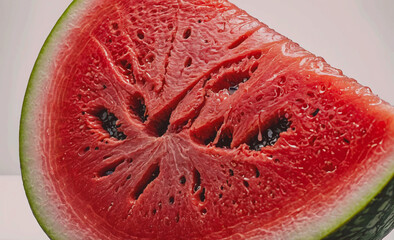 Wall Mural - A slice of watermelon with a mouth cut out. The watermelon is red and juicy. Concept of freshness and summertime