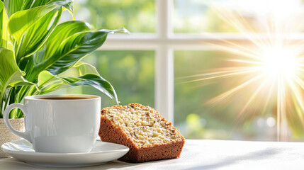Poster - cup of coffee and slice of cake on table with plant, sunlight streaming through window, creating warm and inviting atmosphere