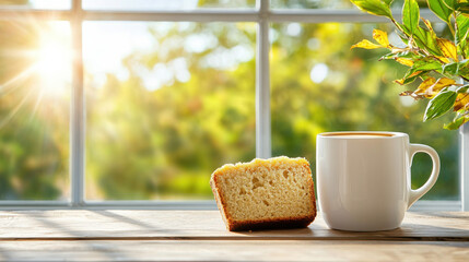 Poster - cozy scene featuring cup of coffee and slice of cake on wooden table by sunlit window, creating warm and inviting atmosphere