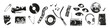 © ugguggu - Halftone stipple music elements set. Vinyl record, mouth with microphone, cassette, speaker, radio, eyes, chain. Grunge punk dotted texture for y2k collage design. Retro photocopy vector illustration