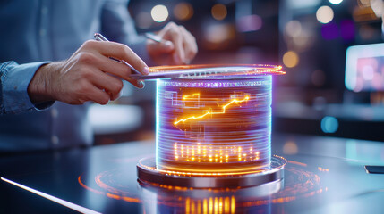 Poster - person interacting with futuristic holographic display showcasing data analytics and growth trends in modern workspace. atmosphere is high tech and innovative