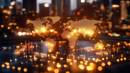 Poster - digital world map illuminated with glowing lights, set against city skyline. image conveys sense of connectivity and technology in modern urban environment