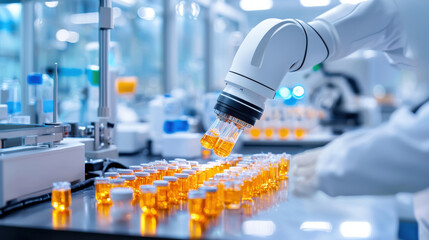 Fototapete - robotic arm carefully handles vials in laboratory setting, showcasing advanced automation in scientific research and development