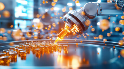Poster - robotic system preparing vials in high tech laboratory environment, showcasing precision and advanced technology. scene is illuminated with vibrant colors, creating dynamic atmosphere