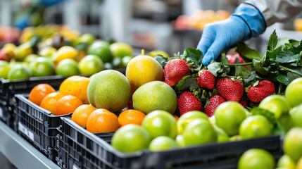 Poster - Fresh fruits being sorted in warehouse, showcasing vibrant colors and variety. image captures meticulous process of fruit selection, emphasizing quality and freshness