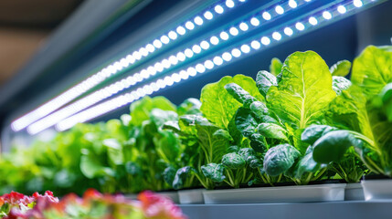 Aufkleber - High resolution image of vertical farm with vibrant green lettuce illuminated by LED lights, showcasing modern agricultural technology and sustainable practices
