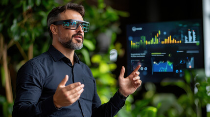 Aufkleber - professional man wearing smart glasses presents data insights in modern office environment. background features digital graphs and analytics, showcasing technology and innovation