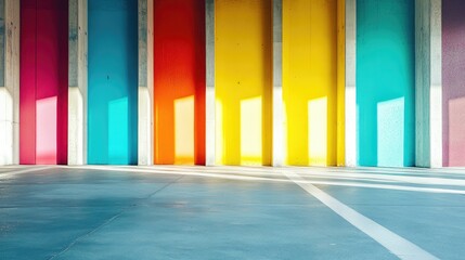 Aufkleber - Brightly Colored Abstract Wall Mural with Vertical Stripes and Natural Light Creating Shadows on Smooth Floor Copy Space