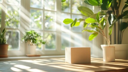 Wall Mural - Sunlight streams through a window onto a wooden table with a simple box, surrounded by lush green plants, creating a cheerful and inviting atmosphere.