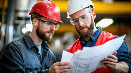 Poster - Engineers reviewing blueprints in factory setting, wearing safety helmets and glasses, focused on their work. Their collaboration highlights attention to detail and safety