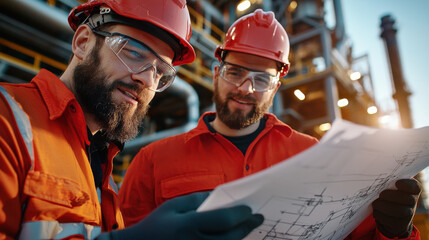 Poster - Engineers reviewing blueprints at industrial site, wearing safety gear and helmets. Their focused expressions reflect teamwork and dedication to maintenance tasks
