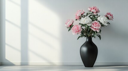 Aufkleber - Black vase with peony flowers in a bright room with sunlight shadows and copy space on wall