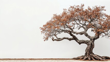Poster - Lonely twisted tree with bare branches against a light gray wall Copy Space for text placement